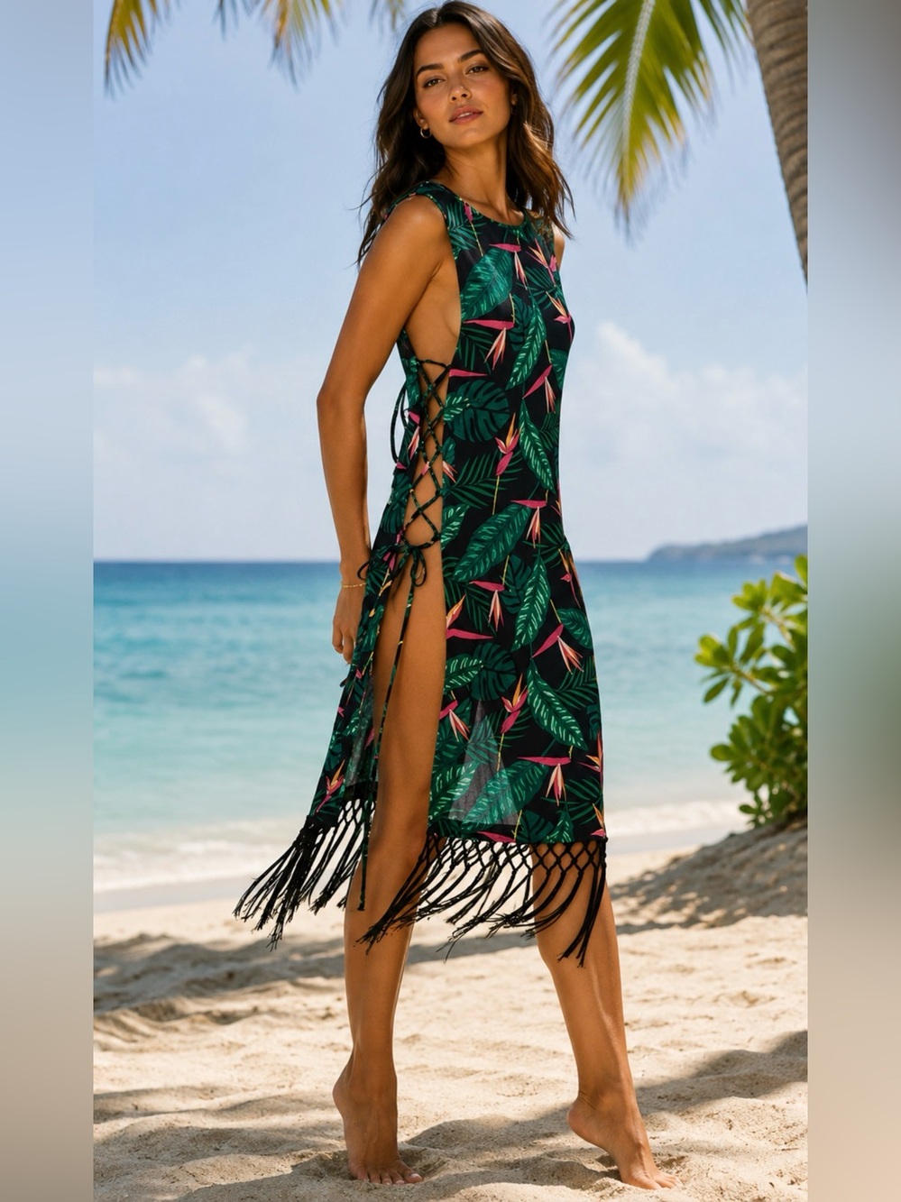 Dolce Vita Tropical Leaf Lace-Up Fringe Cover-Up in Black, Green & Pink